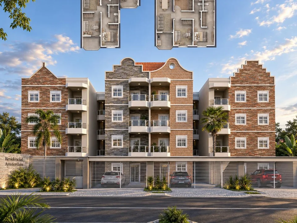 Fachada de edifício residencial de quatro pavimentos com plantas humanizadas dos apartamentos sobre a imagem