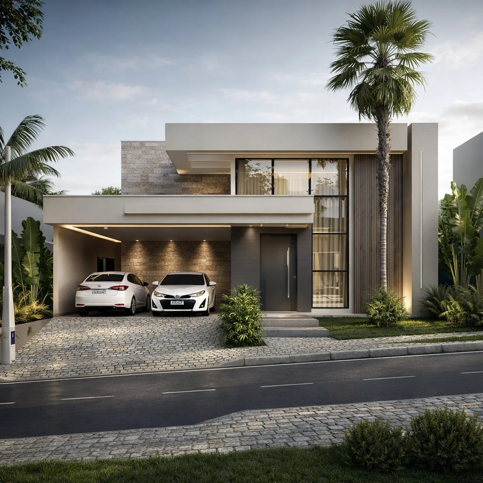 Fachada contemporânea de sobrado ao entardecer, com iluminação embutida, garagem coberta e paisagismo (vista 1)