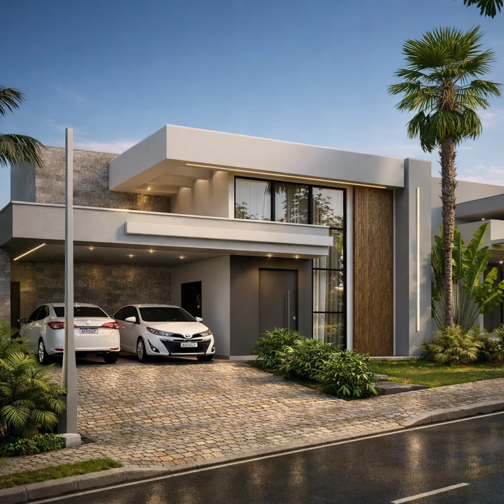 Fachada contemporânea de sobrado ao entardecer, com iluminação embutida, garagem coberta e paisagismo (vista 2)