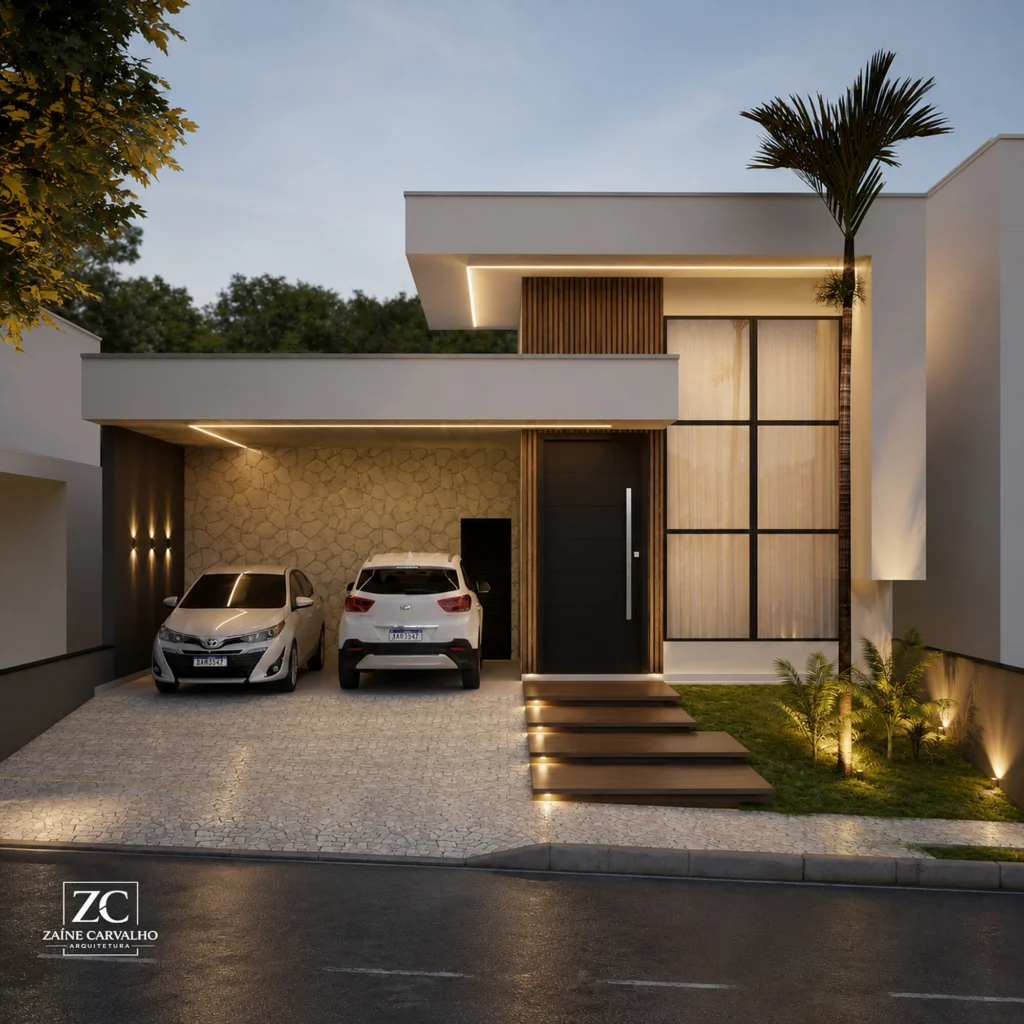 Fachada contemporânea de sobrado ao entardecer, com iluminação embutida, garagem coberta e paisagismo (vista 1)