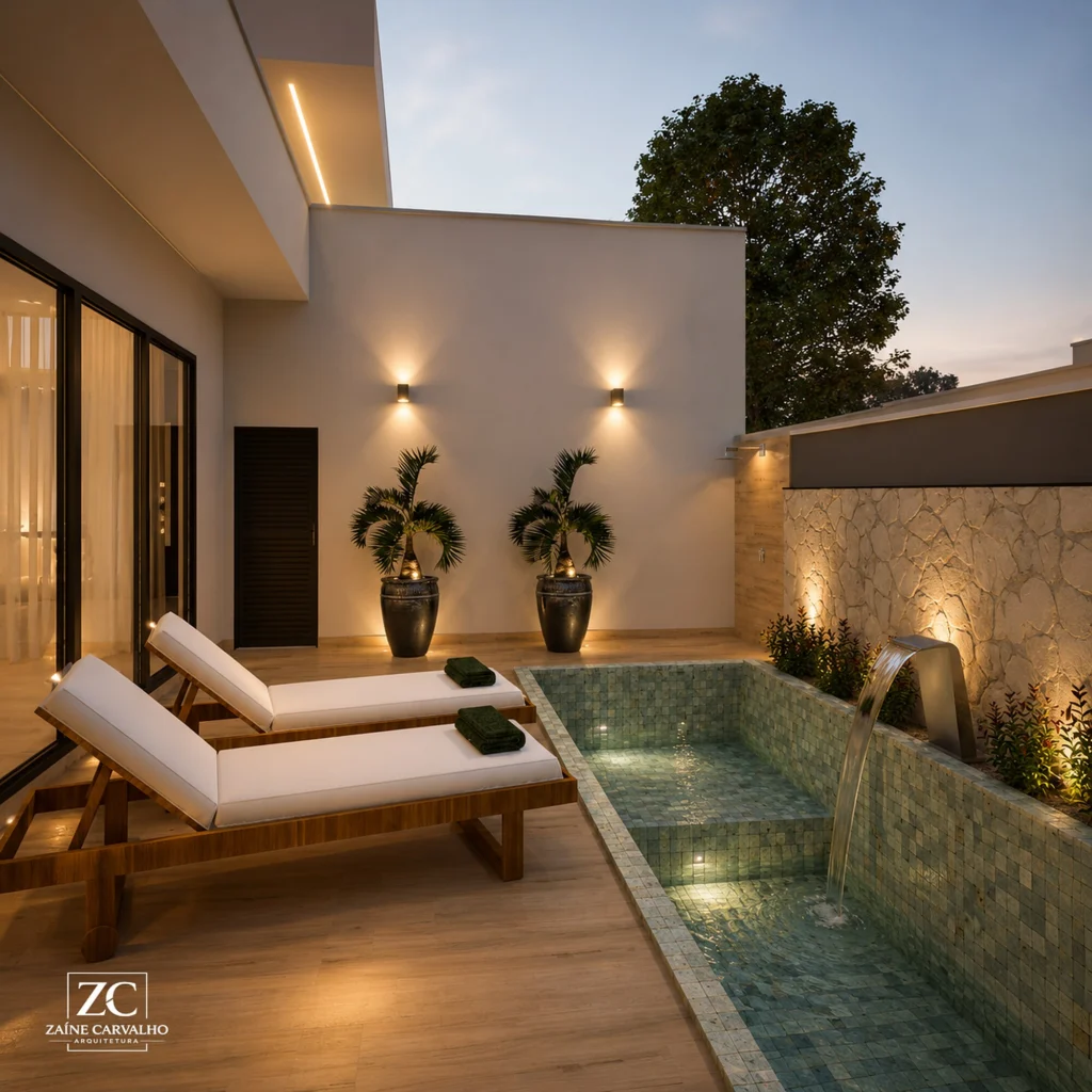 Área de lazer com piscina, deck de madeira e espreguiçadeiras, com iluminação ao entardecer (vista 1)
