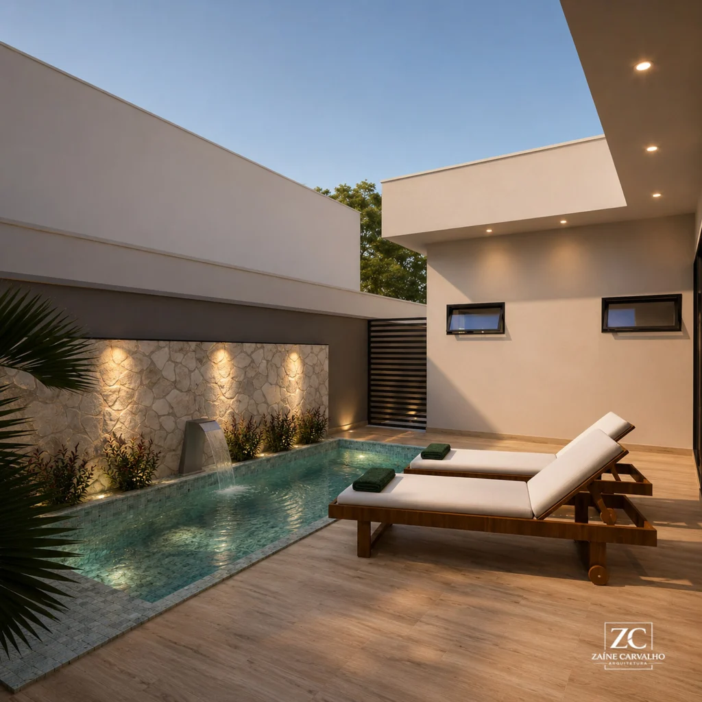 Área de lazer com piscina, deck de madeira e espreguiçadeiras, com iluminação ao entardecer (vista 2)