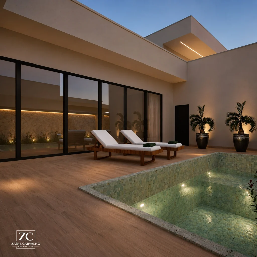 Varanda ampla com esquadrias de vidro, deck de madeira e piscina iluminada