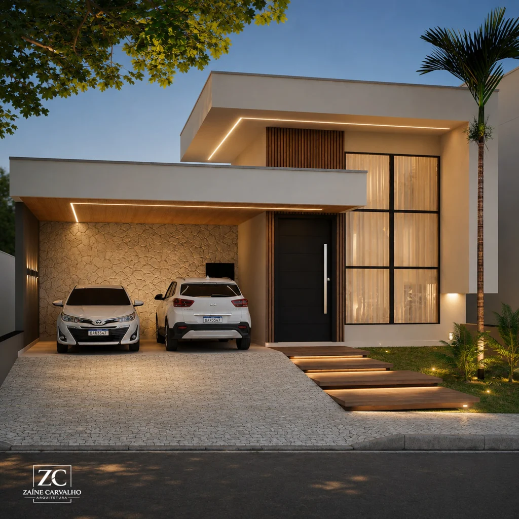 Fachada contemporânea de sobrado ao entardecer, com iluminação embutida, garagem coberta e paisagismo (vista 2)