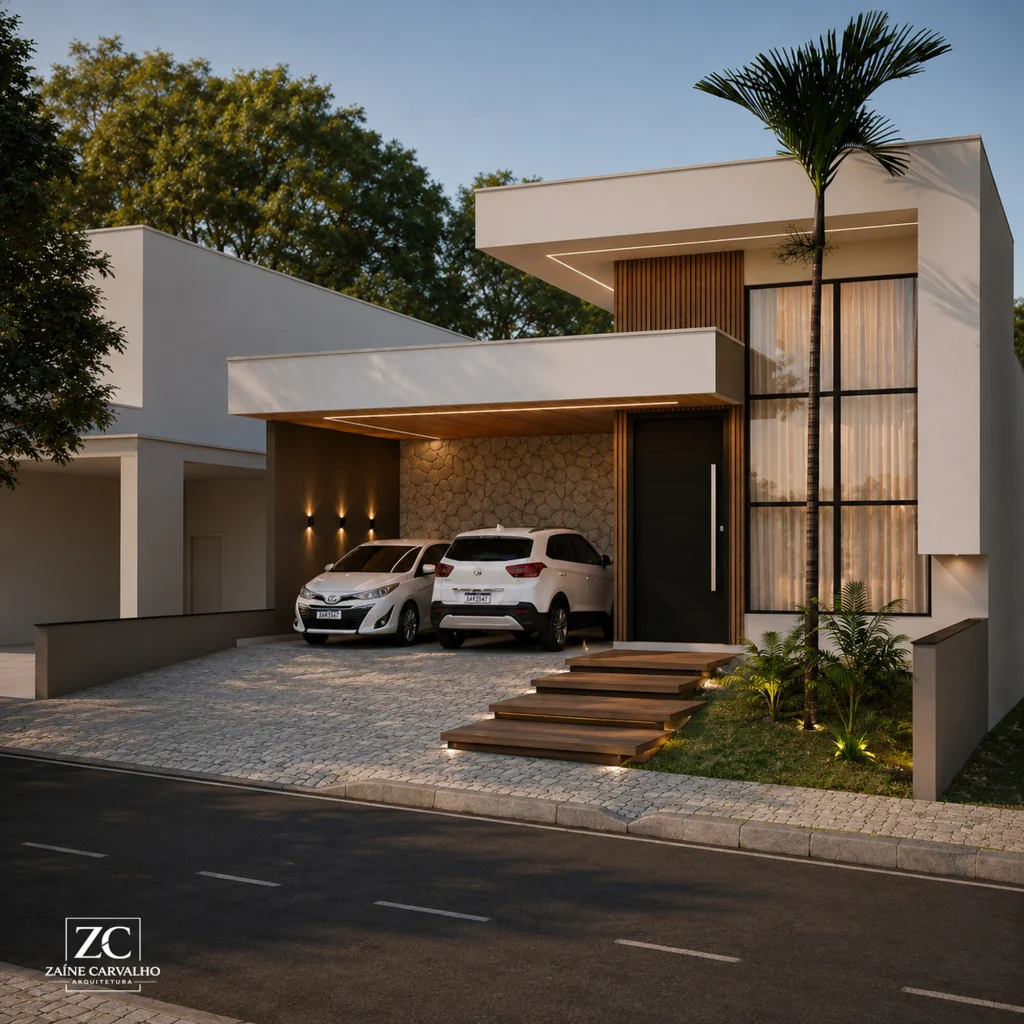 Fachada contemporânea de sobrado ao entardecer, com iluminação embutida, garagem coberta e paisagismo (vista 3)