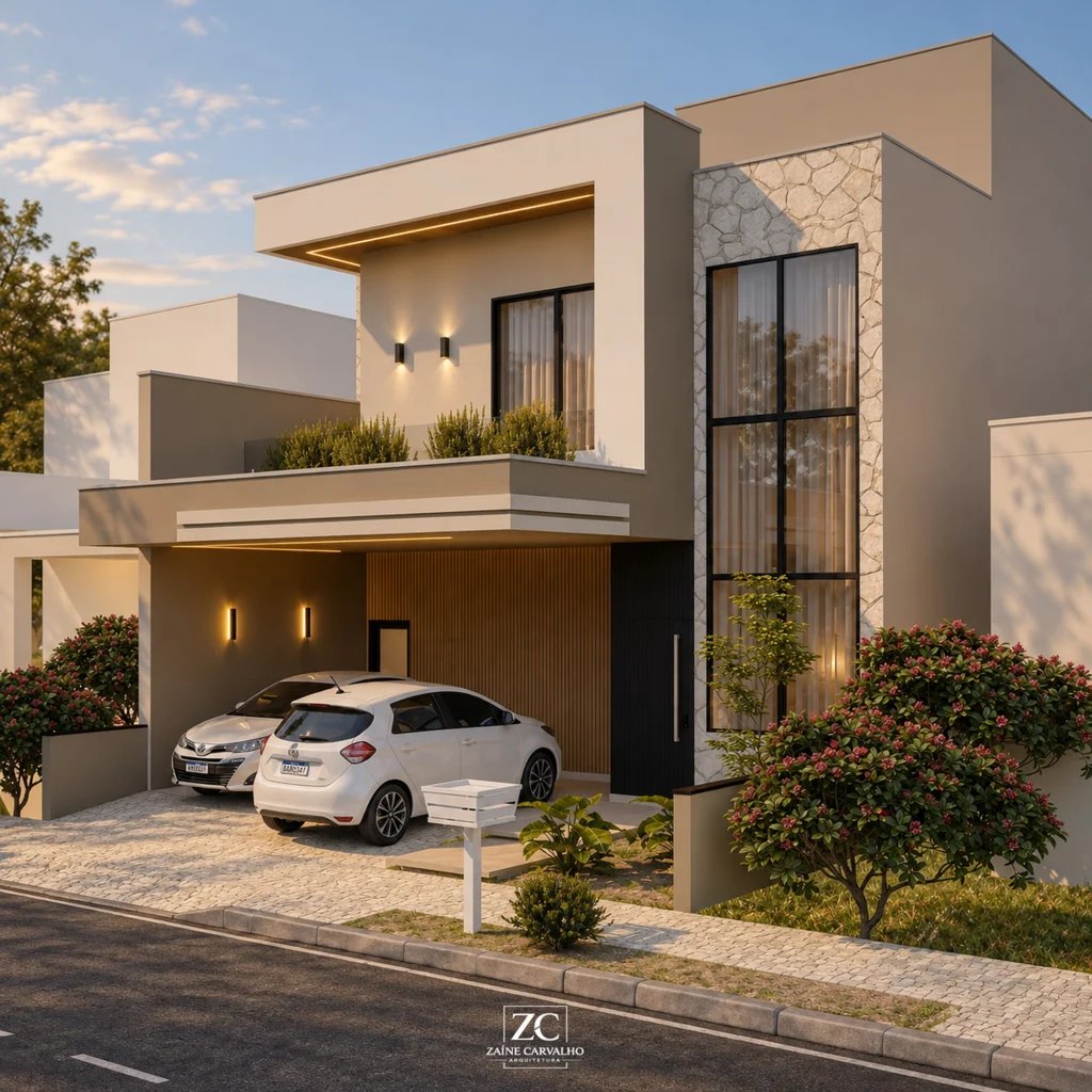 Fachada contemporânea de sobrado ao entardecer, com iluminação embutida, garagem coberta e paisagismo (vista 2)