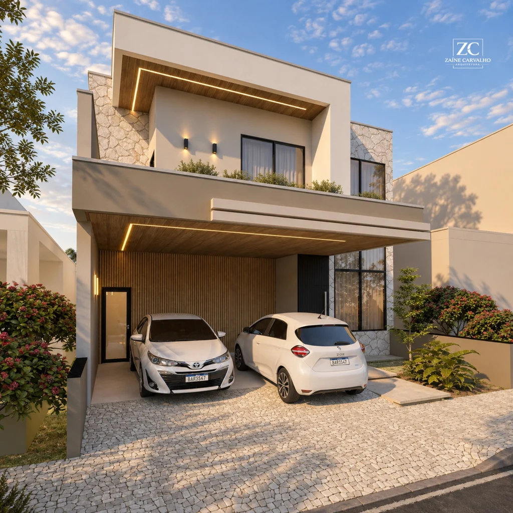 Fachada contemporânea de sobrado ao entardecer, com iluminação embutida, garagem coberta e paisagismo (vista 3)