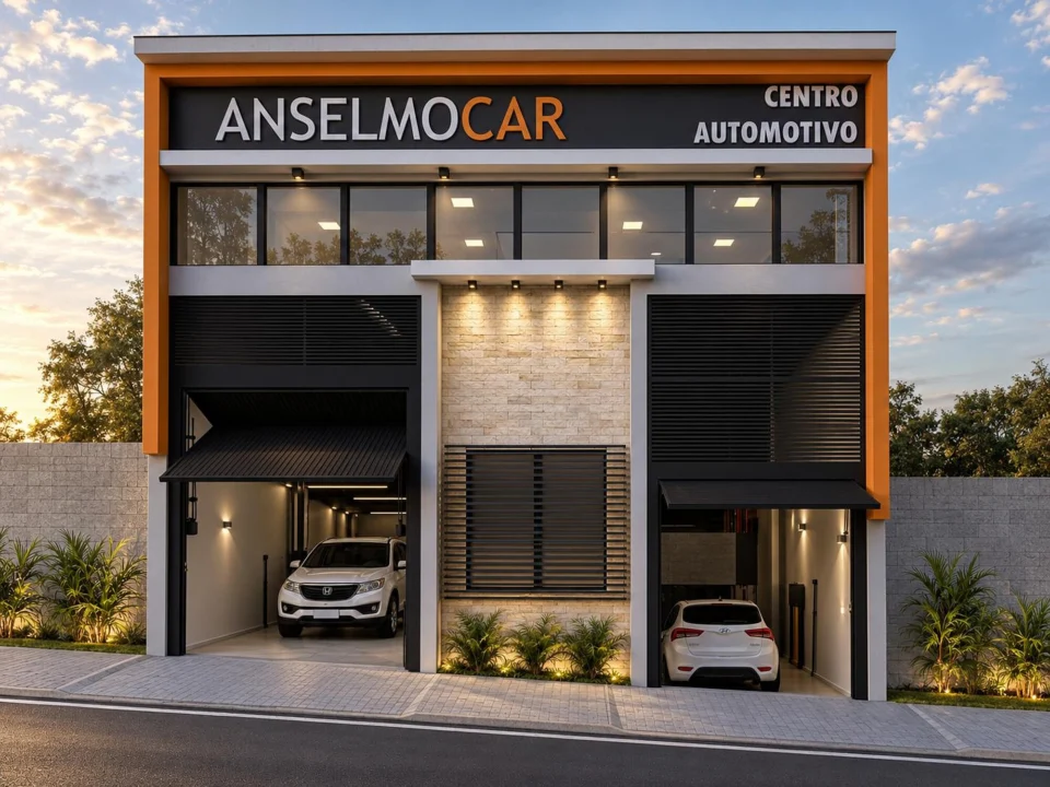 Fachada de centro automotivo com revestimento em pedra, brises e letreiro iluminado ao entardecer