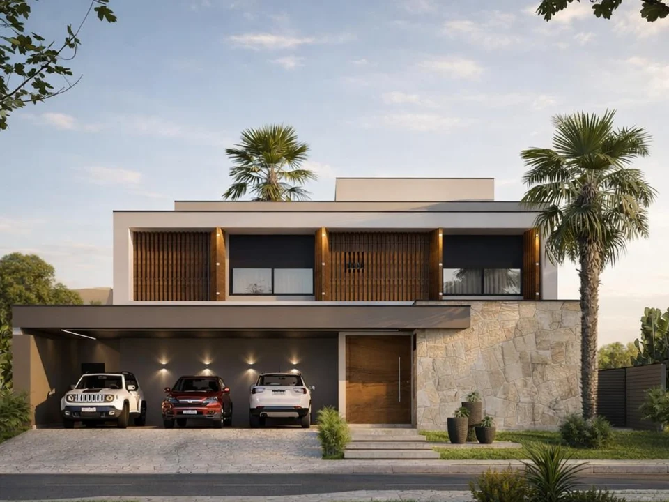 Fachada contemporânea de residência com palmeiras, volumes em tons neutros e garagem coberta ao entardecer